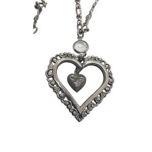 Vintage Puffy Heart Necklace Silver Filigree Ornate Openwork Swarovski Crystal